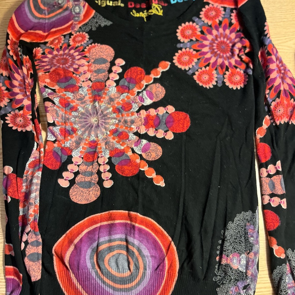 Desigual Black Top with Red and Purple Accents